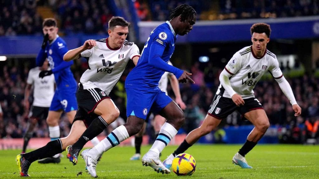 Ivorian striker, David Fofana, pictured on the pitch, playing for Premier League's Chelsea against their opponent.