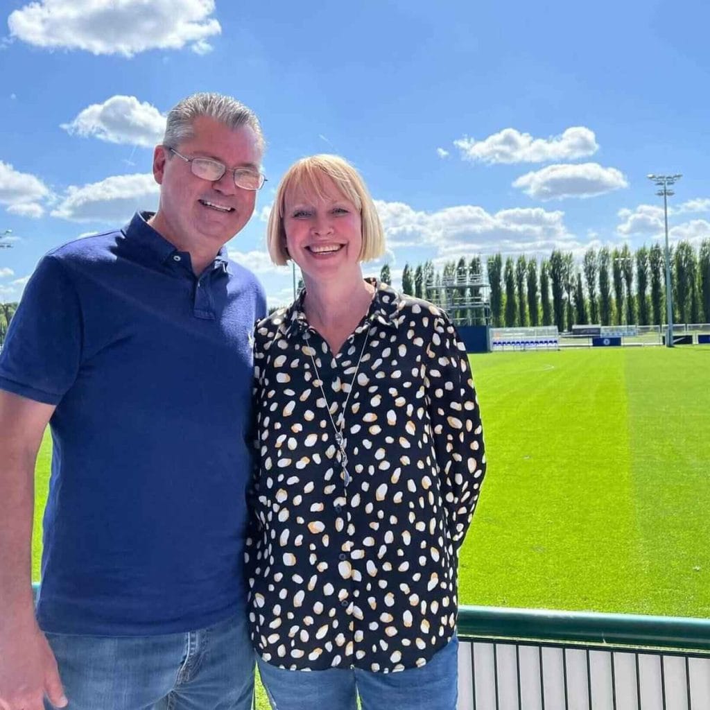 Harvey Vale's parents, Collette and Jamie Vale, at a football stadium. 